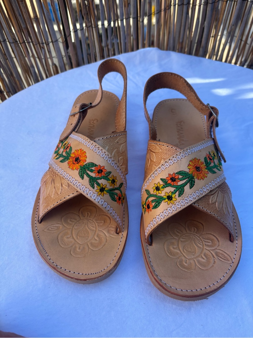 Mexican Handmade Leather Huarache Cross Sandals Embroidered Size US 8